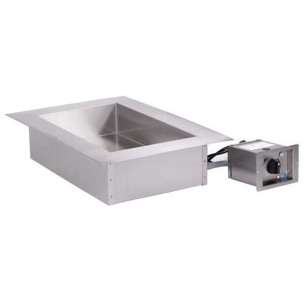 A stainless steel rectangular Alto-Shaam drop-in hot food well with a large flange on a counter.