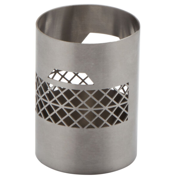 A round stainless steel sugar caddy with a grid pattern of holes.