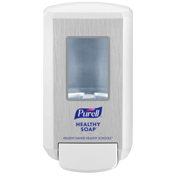 A white Purell Healthy Soap dispenser with clear window.