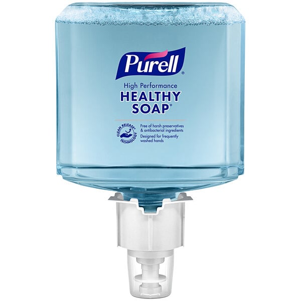 A clear container of Purell® Healthy Soap in a soap dispenser.