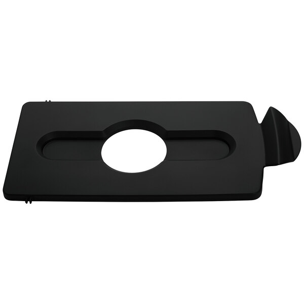 A black rectangular Rubbermaid lid insert with a white circle in the middle.