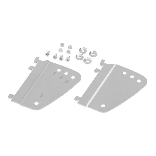 Two white metal Metro qwikSIGHT basket brackets with screws and nuts.