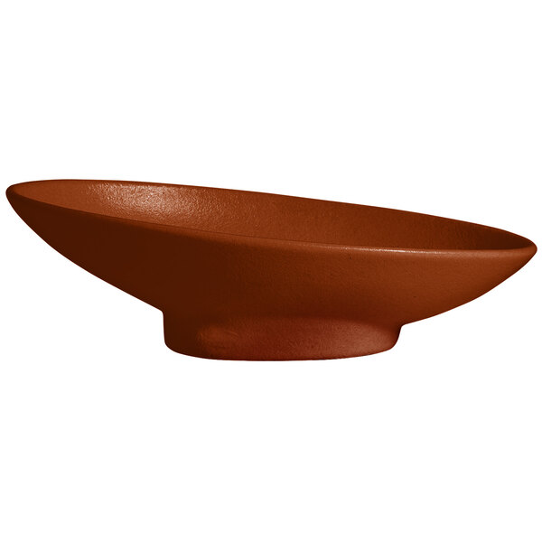 A brown G.E.T. Enterprises Bugambilia oval bowl with a textured finish.