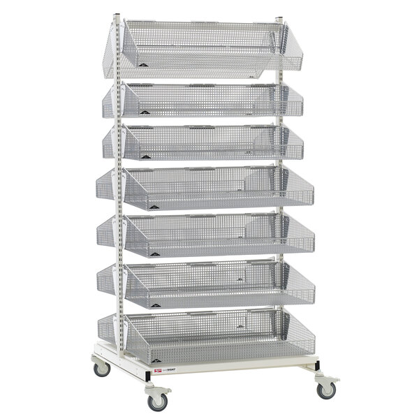 A Metro qwikSIGHT double sided metal rack with seven shelves on wheels.