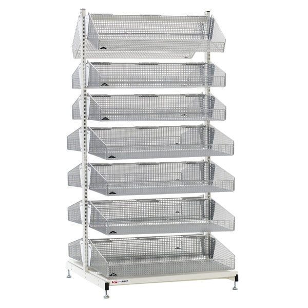 A Metro qwikSIGHT double-sided metal shelf with seven levels of baskets on it.