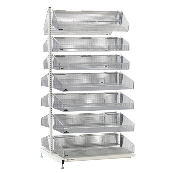A Metro qwikSIGHT double-sided basket supply unit with multiple metal shelves holding baskets.