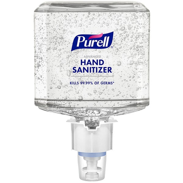 A Purell hand sanitizer dispenser filled with Purell hand sanitizer gel.