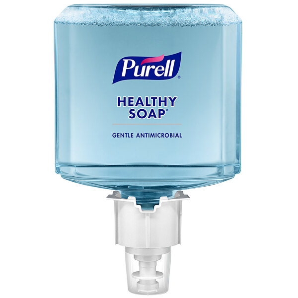 A clear bottle of Purell Healthy Foodservice Antimicrobial Foaming Hand Soap with a white cap.