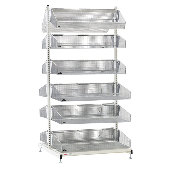 A Metro qwikSIGHT double-sided metal basket supply unit with shelves on it.