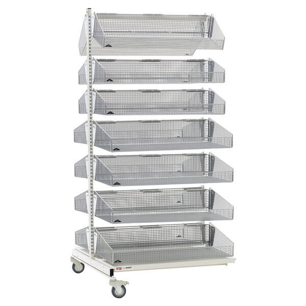 A Metro qwikSIGHT double-sided metal shelf with seven levels of metal baskets on wheels.