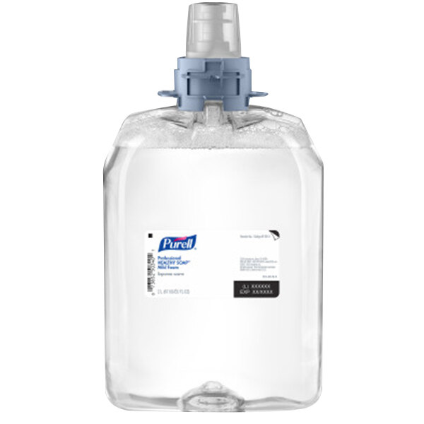 A clear plastic bottle with a blue cap of Purell Healthy Soap Professional Mild Foaming Hand Soap.