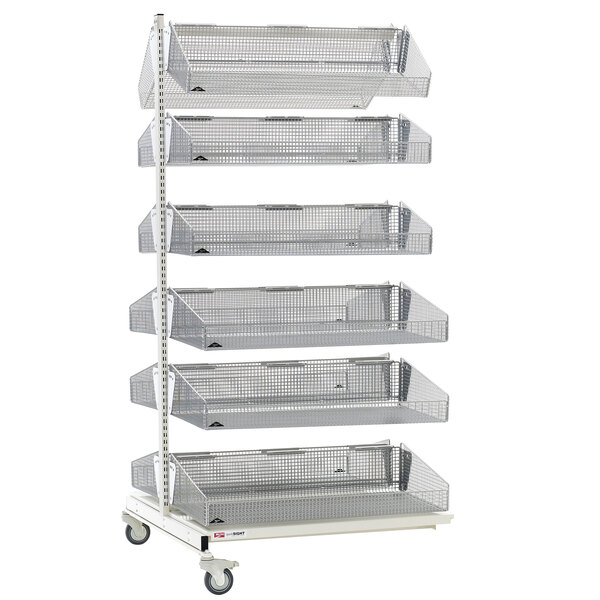 A white Metro qwikSIGHT double-sided basket supply cart with six metal grid shelves on wheels.