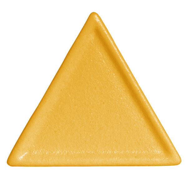 A yellow triangle-shaped G.E.T. Enterprises Bugambilia aluminum disc platter.