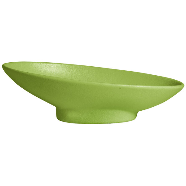 A close-up of a G.E.T. Enterprises lime green resin-coated aluminum bowl with a smooth finish.