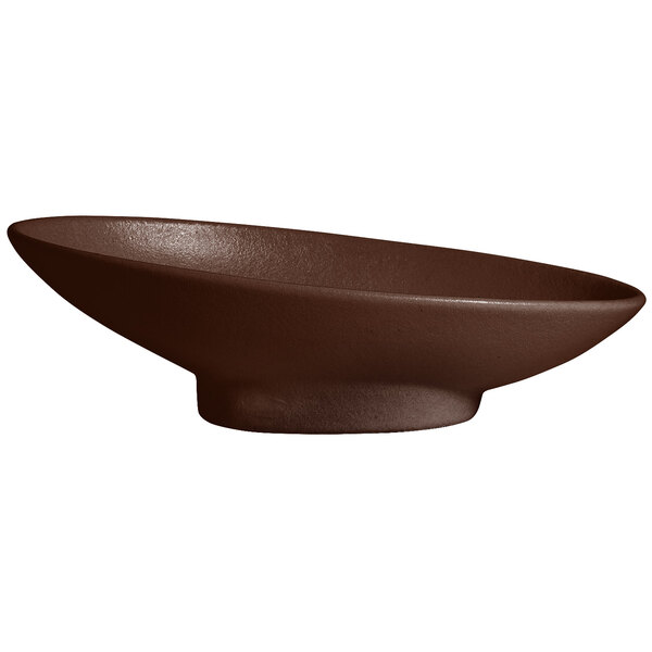 A brown G.E.T. Enterprises Bugambilia resin-coated aluminum bowl with a smooth surface.