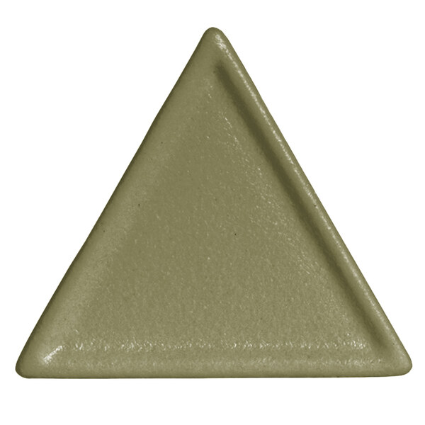 A triangle shaped G.E.T. Enterprises aluminum buffet platter with a willow green finish.
