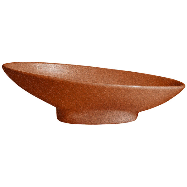 A G.E.T. Enterprises Bugambilia terracotta oval bowl with a brown rim.