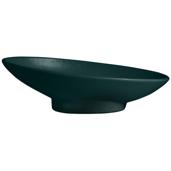 A forest green G.E.T. Enterprises Bugambilia oval bowl with a textured surface.