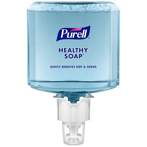A Purell Healthy Soap refill bottle with a clear label and liquid soap inside.