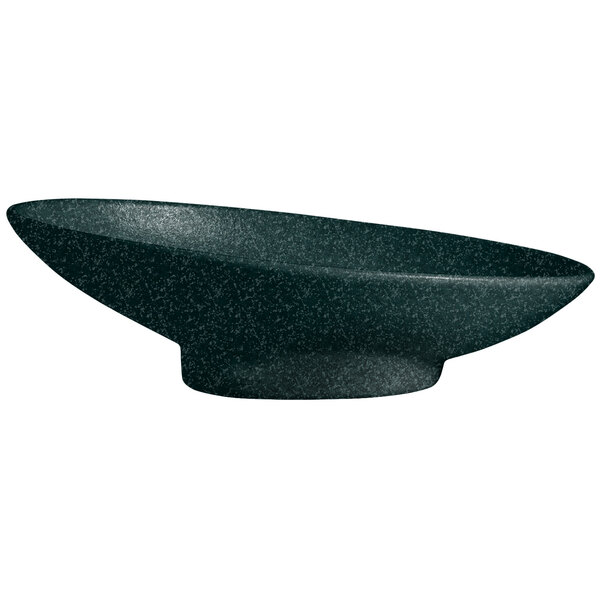 A jade granite coated metal bowl with a black rim.