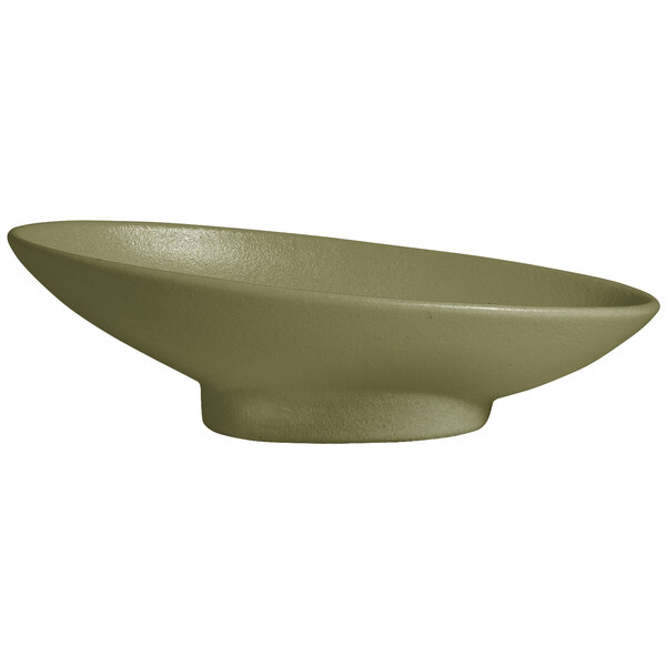 A close-up of a G.E.T. Enterprises Bugambilia willow green metal bowl on a white surface.