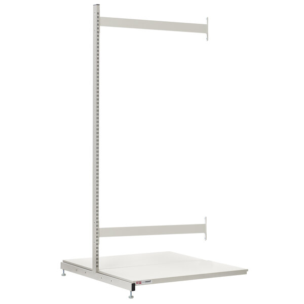 A white metal Metro qwikSIGHT basket supply adder shelf with black handles on top.