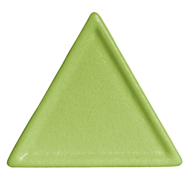A close-up of a G.E.T. Enterprises lime green triangle shaped buffet platter.