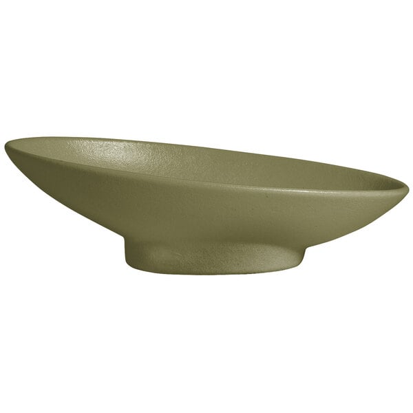 A G.E.T. Enterprises Bugambilia oval bowl with a willow green finish on a white surface.