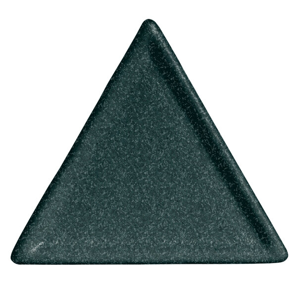 A jade granite triangle buffet platter with a black triangle and specks.