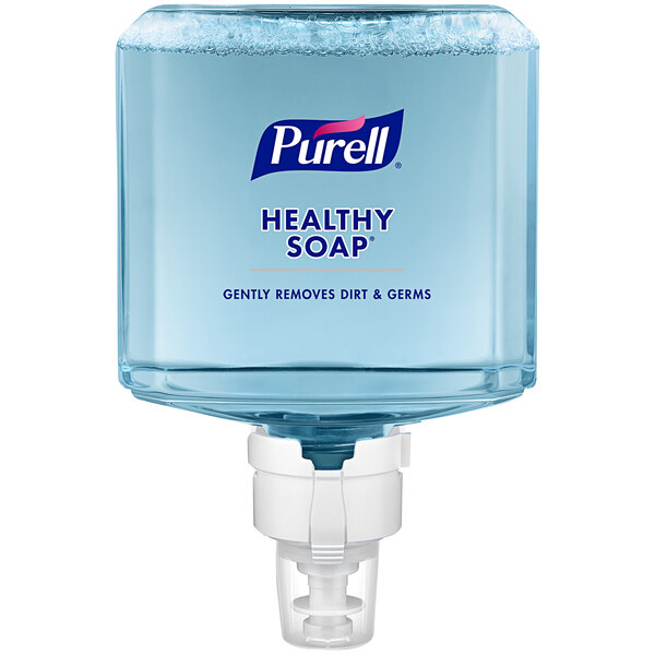 A blue and white Purell Healthy Soap dispenser.