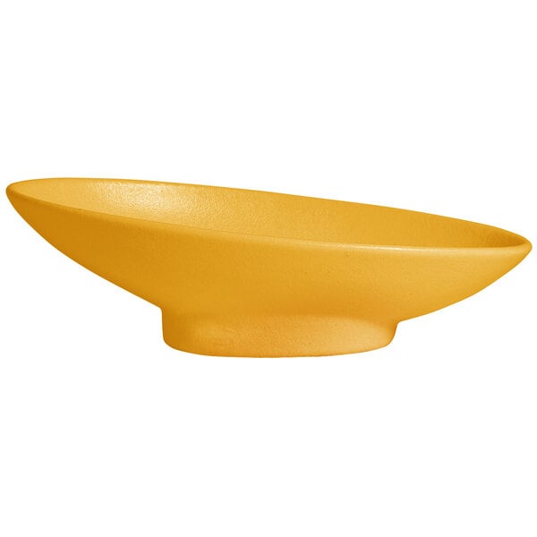 A yellow G.E.T. Enterprises Bugambilia resin-coated aluminum bowl with a smooth surface.