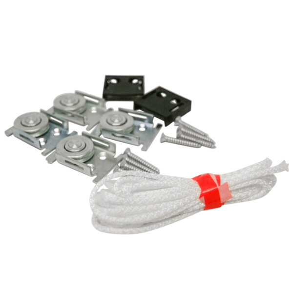 A True pulley and door cord kit with metal parts and a rope.