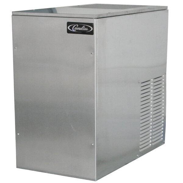 A silver stainless steel Cornelius air cooled ice machine with a black label.