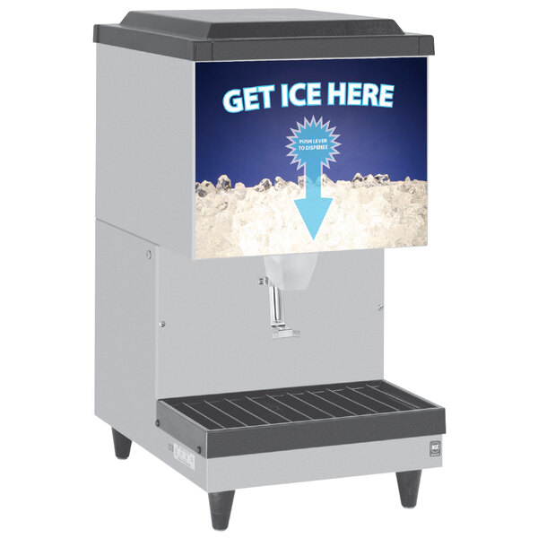 A white Cornelius countertop ice dispenser with "Get Ice Here" graphic.