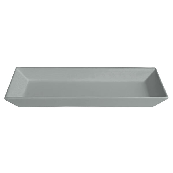 A grey rectangular G.E.T. Enterprises Bugambilia steel resin-coated aluminum rectangular platter with a textured surface.