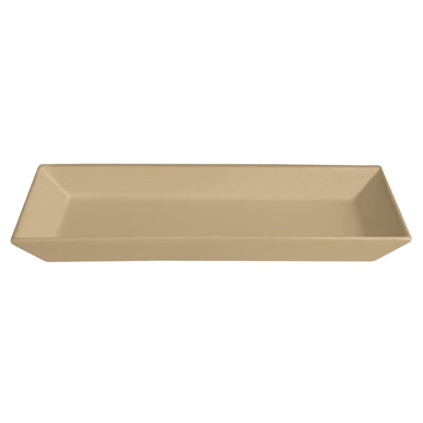 A rectangular tan G.E.T. Enterprises Bugambilia medium deep platter with a textured finish.
