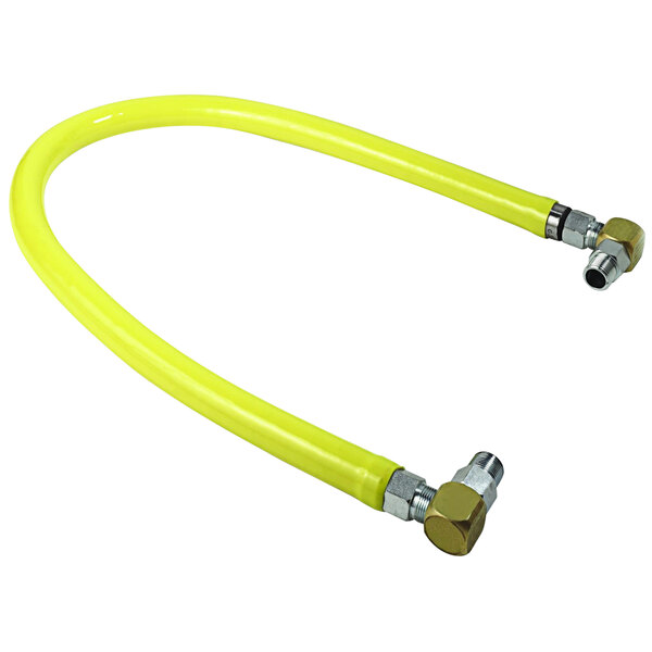 A yellow T&S SwiveLink gas hose with metal fittings on the ends.