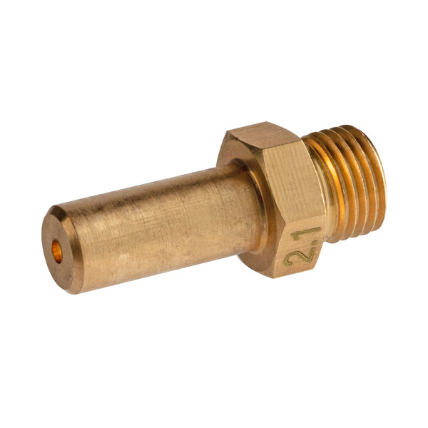 A brass Carnival King gas jet nozzle with a gold metal thread.