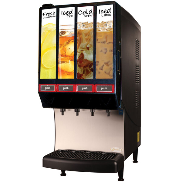 A white Cornelius beverage dispenser with four drink panels.