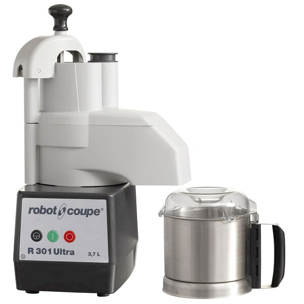 A Robot Coupe commercial food processor with a lid and a stainless steel container.
