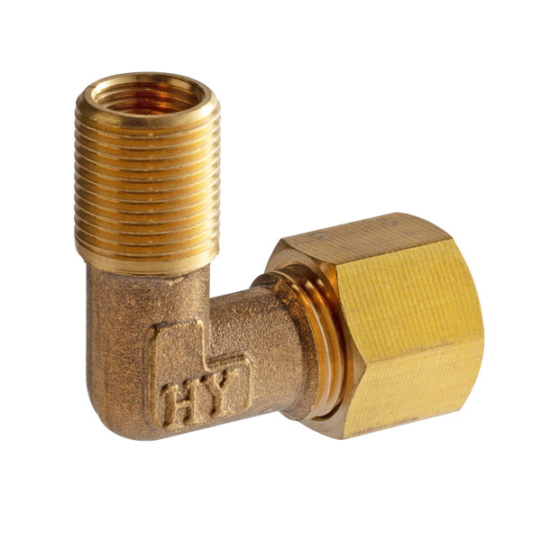 A brass Carnival King gas elbow connector with a nut.