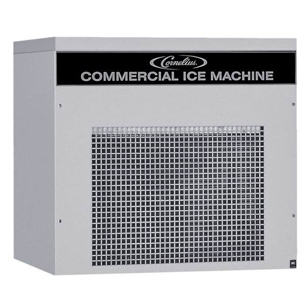 A white Cornelius remote condenser ice maker with a black label.