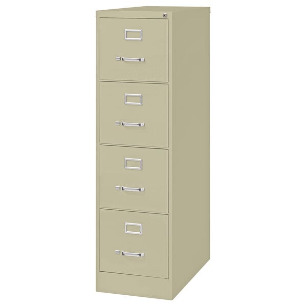 A Hirsh Industries putty file cabinet with four drawers and silver handles.