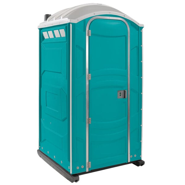 A blue portable toilet with a silver door.
