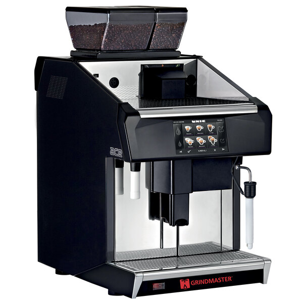 A black, silver, and stainless steel Grindmaster Tango Ace espresso machine.