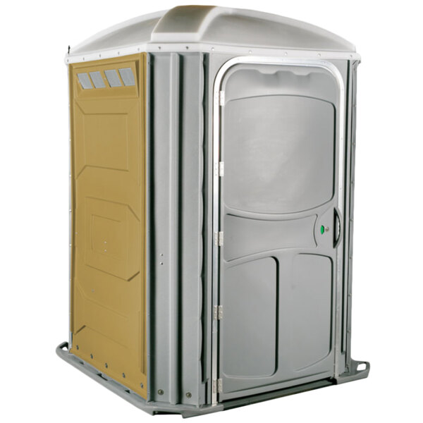 A tan PolyJohn wheelchair accessible portable toilet with a door.
