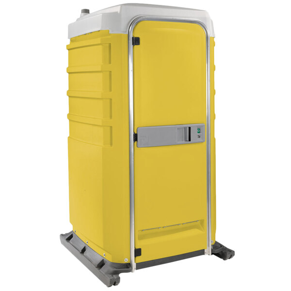 A yellow PolyJohn portable toilet with a silver handle.