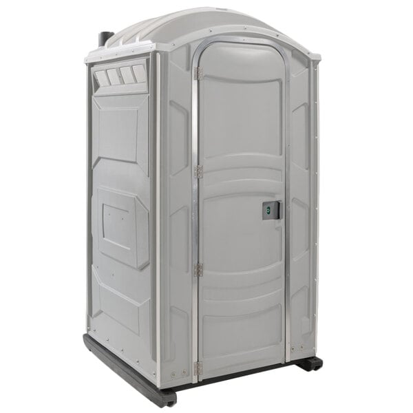 A light gray PolyJohn portable restroom with a door.
