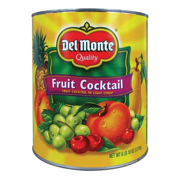 A case of 6 Del Monte #10 cans of fruit cocktail in light syrup.