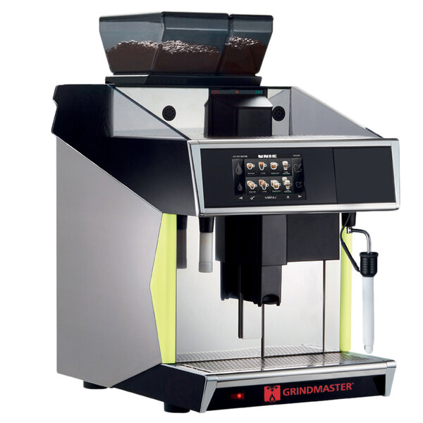 A close-up of a Grindmaster Tango ST black and silver espresso and cappuccino machine with a lid and a screen.